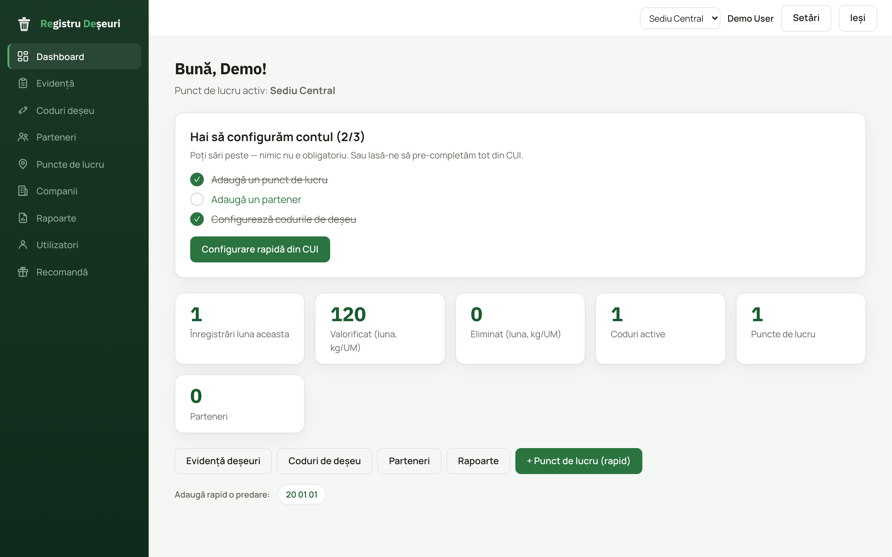 Aplicația Registru Deșeuri — dashboard cu evidența lunară